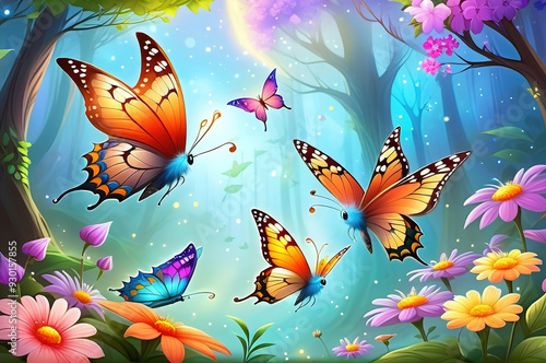 Fairytale nature in the forest with flowers and butterflies.