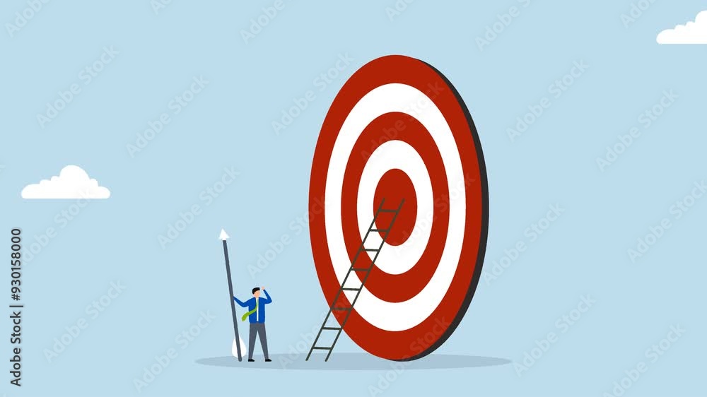 Aiming for high target mission, 4k animation of businessman with big ladder in his hand, starting to climb the ladder to bullseye Aiming for high target mission, 4k animation of businessman with big ladder in his hand, starting to climb the ladder to bullseye