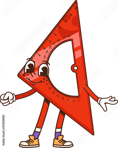 Cartoon groovy school ruler character. Isolated vector retro protractor tool, nostalgic, old-school, classroom personage with smiling face. Educational measuring item for learning geometry or math