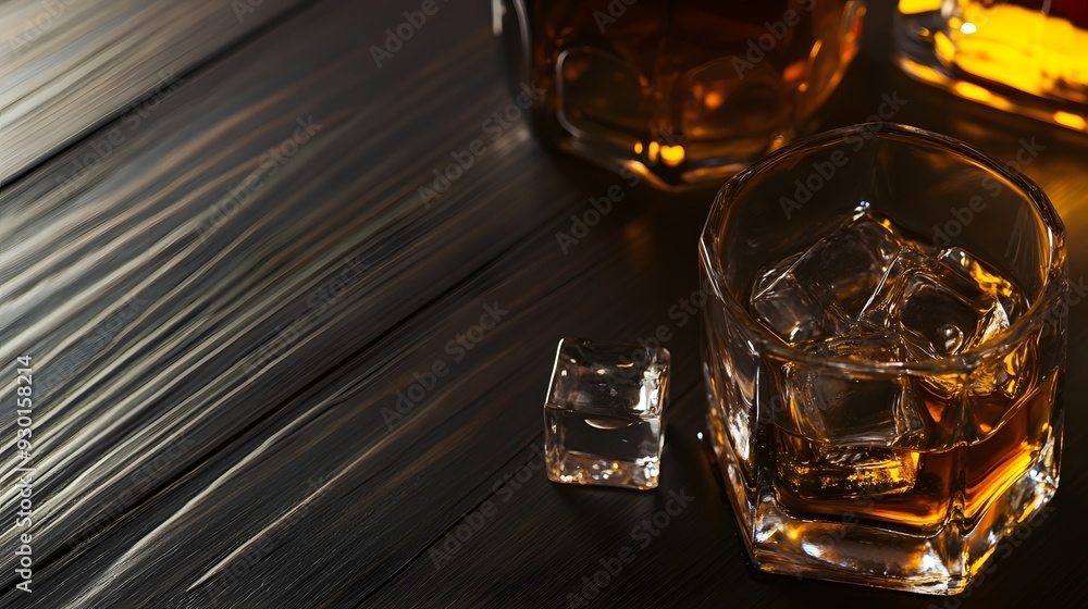 A glass of whiskey with ice cubes on a wooden table. A glass of whiskey with ice cubes on a wooden table.