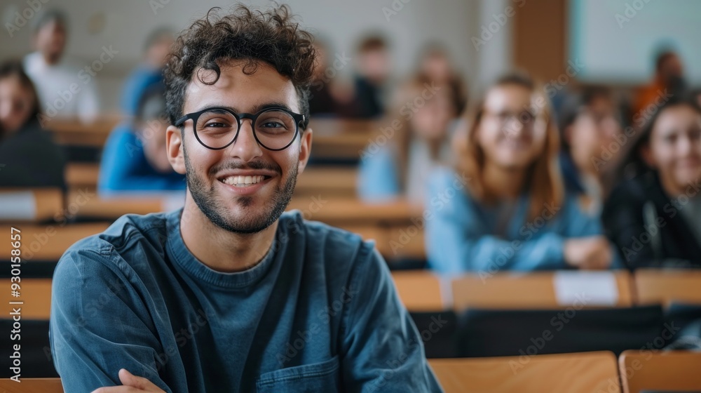 A joyful college student sits in a lecture hall, smiling while surrounded by classmates attentively listening to their instructor A joyful college student sits in a lecture hall, smiling while surrounded by classmates attentively listening to their instructor