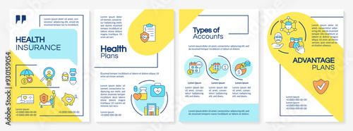Health insurance blue and yellow gradient brochure template. Leaflet design with linear icons. Editable 4 vector layouts for presentation, annual reports. Questrial, Lato-Regular fonts used