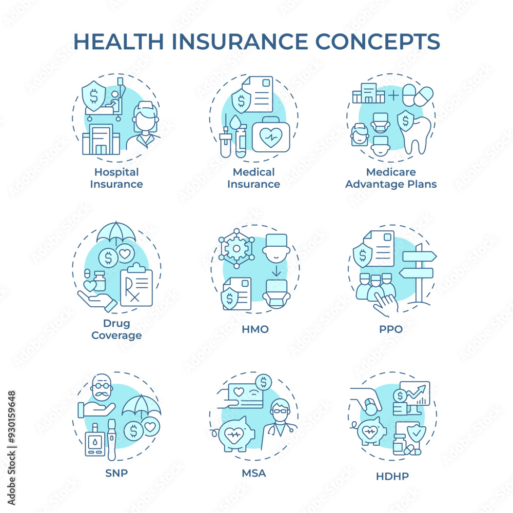 Health insurance soft blue concept icons. Medical coverage. Hospital insurance. Health plans. Healthcare provider. Icon pack. Vector images. Round shape illustrations. Abstract idea Health insurance soft blue concept icons. Medical coverage. Hospital insurance. Health plans. Healthcare provider. Icon pack. Vector images. Round shape illustrations. Abstract idea