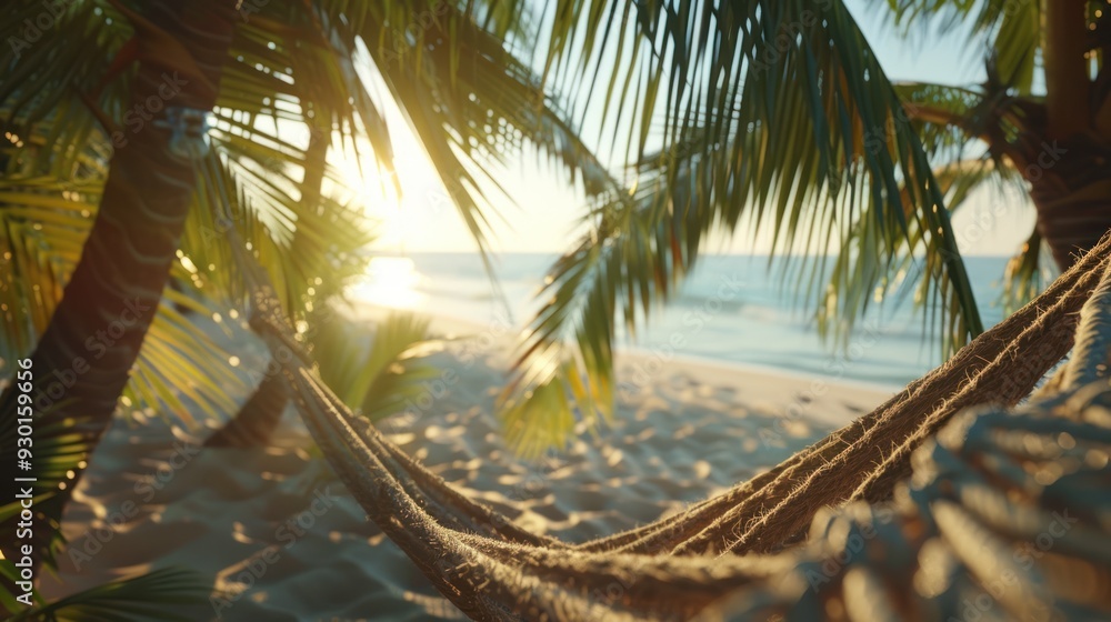 Close-up of a hammock swaying between palm trees (close up, serene relaxation, realistic, Fusion, Sandy beach)