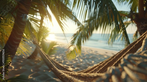Obraz na płótnie Close-up of a hammock swaying between palm trees (close up, serene relaxation, realistic, Fusion, Sandy beach) w salonie