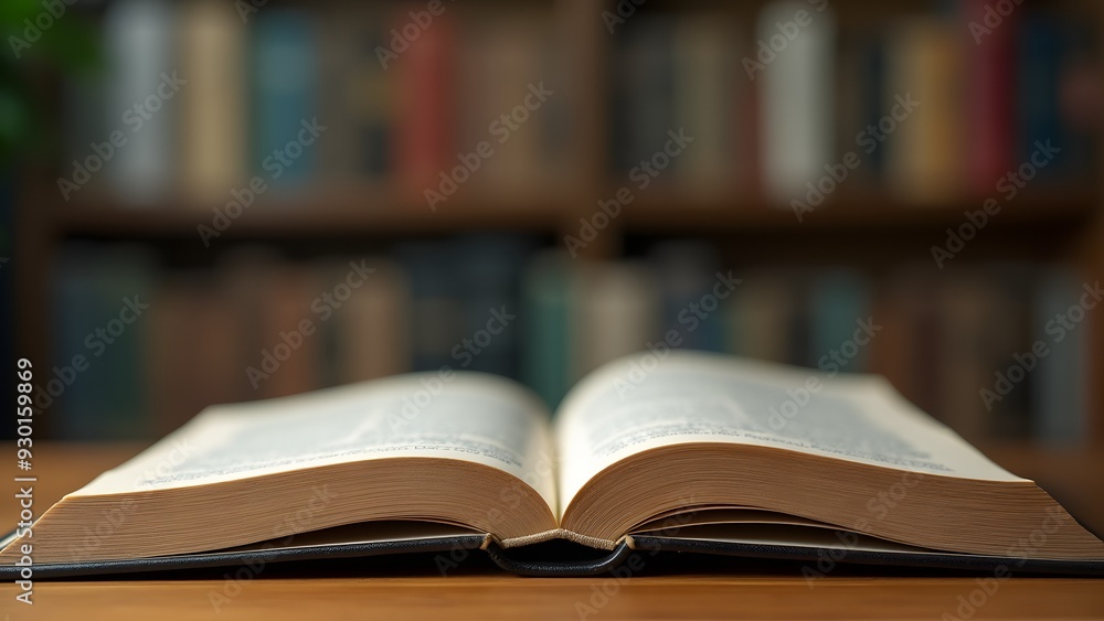 An open book on a wooden table with blurred bookshelves in the background, evoking a quiet, scholarly atmosphere An open book on a wooden table with blurred bookshelves in the background, evoking a quiet, scholarly atmosphere