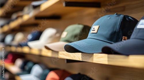 A variety of caps in different colors and styles are neatly arranged on wooden shelves in a retail environment.