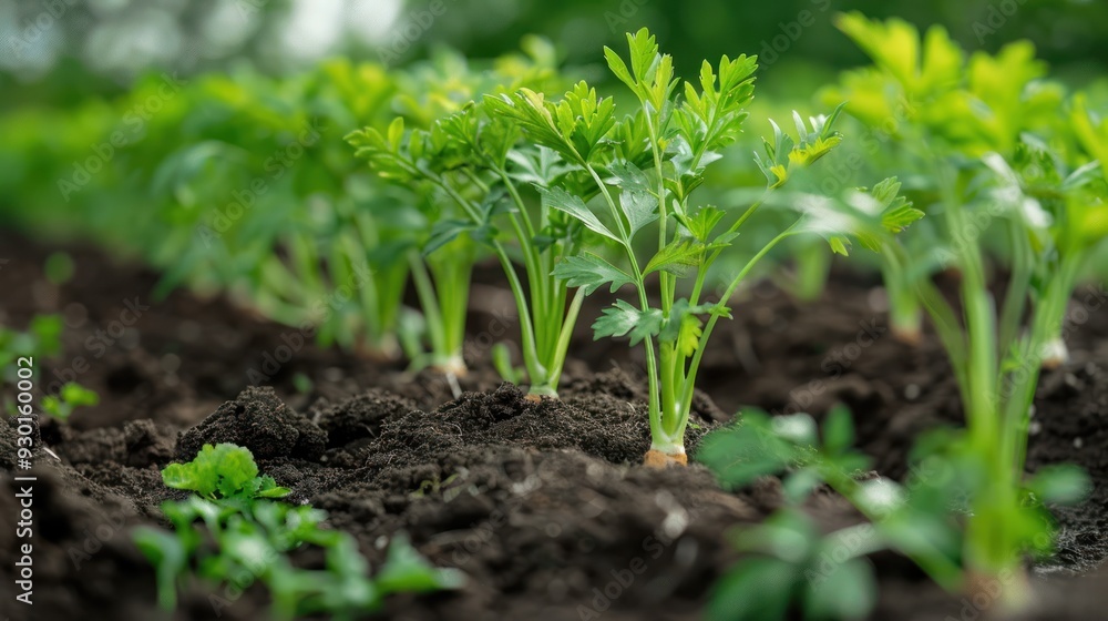 Close-up of carrot leaves and soil interaction (close up, photosynthesis, futuristic, Composite, Organic farm) Close-up of carrot leaves and soil interaction (close up, photosynthesis, futuristic, Composite, Organic farm)