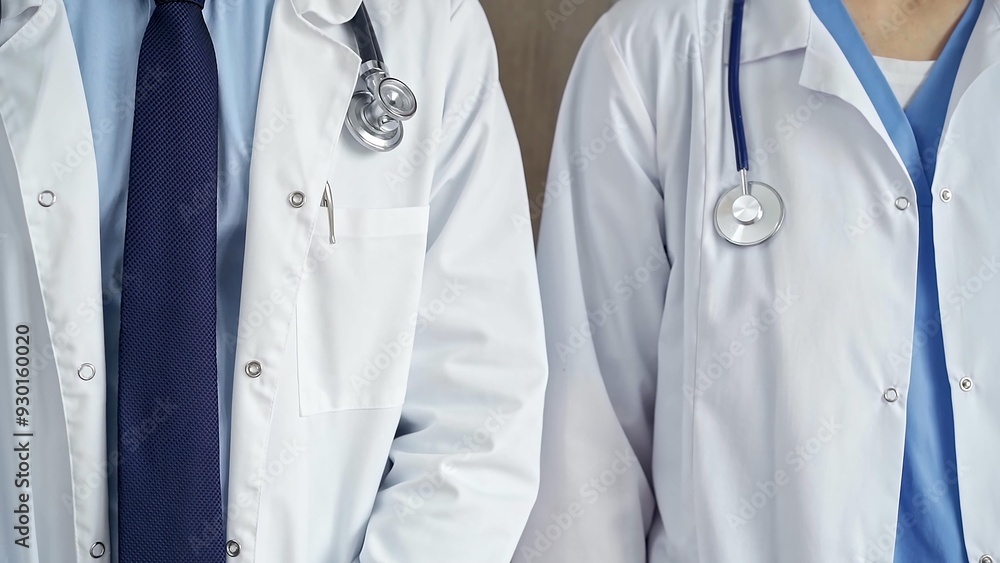 Professional healthcare team in uniform. Two doctors with stethoscopes are standing straight. Medicine concept Professional healthcare team in uniform. Two doctors with stethoscopes are standing straight. Medicine concept