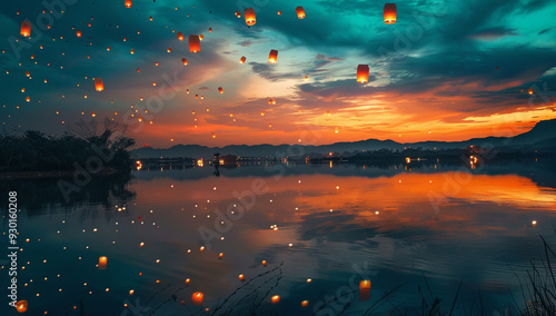 A serene landscape with a sky full of floating lanterns