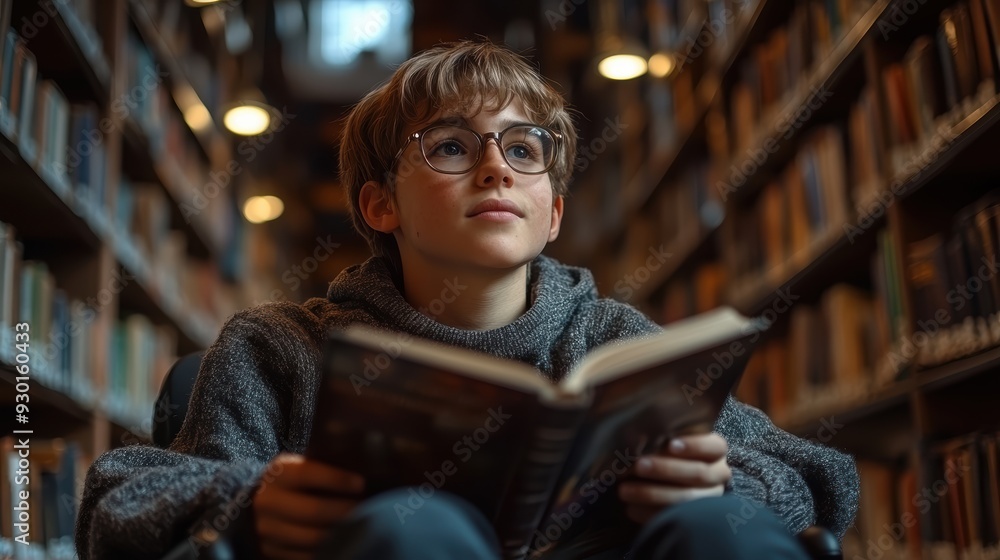 Young Boy Reading a Book in a Library, Surrounded by Shelves Filled with Books, Wearing Glasses and a Sweater, Capturing the Essence of Learning and Curiosity in a Cozy, Warm Atmosphere Young Boy Reading a Book in a Library, Surrounded by Shelves Filled with Books, Wearing Glasses and a Sweater, Capturing the Essence of Learning and Curiosity in a Cozy, Warm Atmosphere