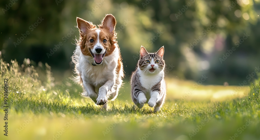 A photo of an Australian Shepherd dog and cat running together on the grass A photo of an Australian Shepherd dog and cat running together on the grass