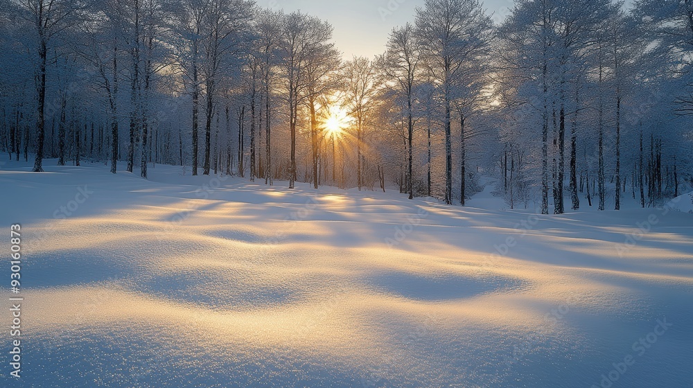 Naklejka premium Serene Winter Sunrise in Snow-Covered Forest with Sunlight Filtering Through Bare Trees and Casting Shadows on Pristine Snow