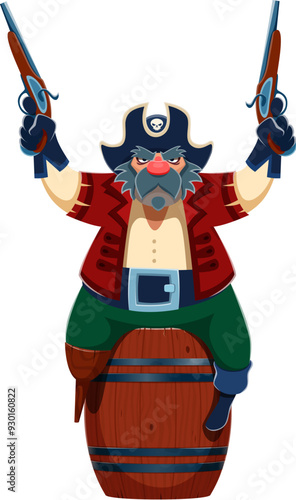 Cartoon old pirate or corsair character on barrel with musket guns, vector sailor personage. Pirate or boatswain corsair and filibuster man in tricorne hat with skull and wooden leg on rum barrel