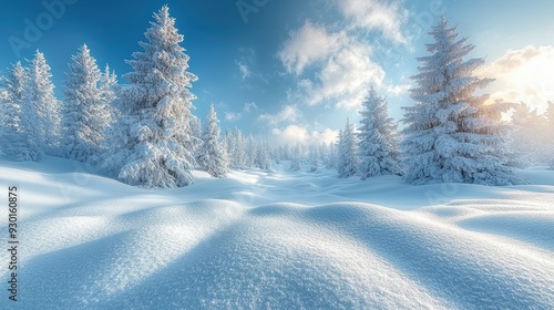 Serene Winter Wonderland with Snow-Covered Pine Trees and a Clear Blue Sky, Capturing the Tranquility and Beauty of a Pristine Snowy Landscape