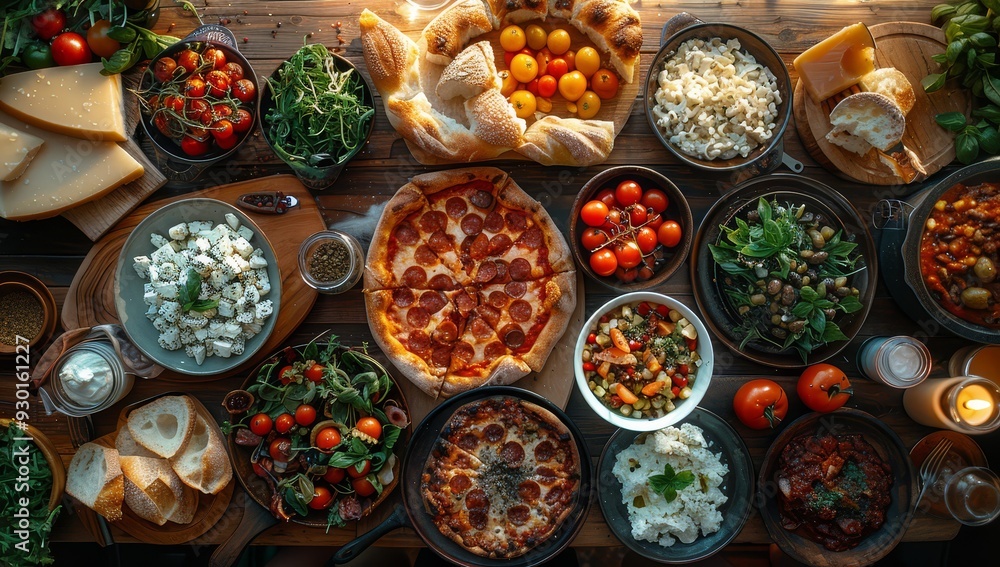 Elderly people eating pizza at a table, top view. Elderly people eating pizza at a table, top view.