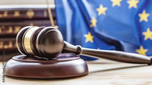 Gavel of judge with books against European Union flag. The concept of justice and fairness in European legislation and the judicial system photo