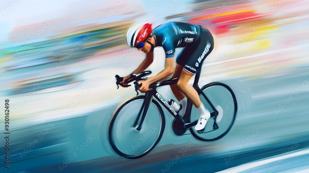 Fototapeta premium A cyclist races down the road, a blur of motion and speed.