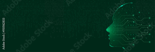 An AI banner features a circuit-style silhouette of a head on the right, surrounded by a matrix of digital data. The dark green background emphasizes the tech-driven design and futuristic concept.