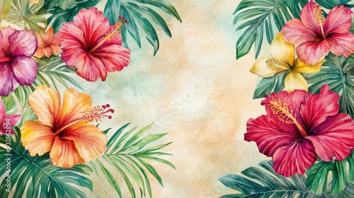 A vibrant floral illustration featuring hibiscus flowers and tropical leaves on a textured background.