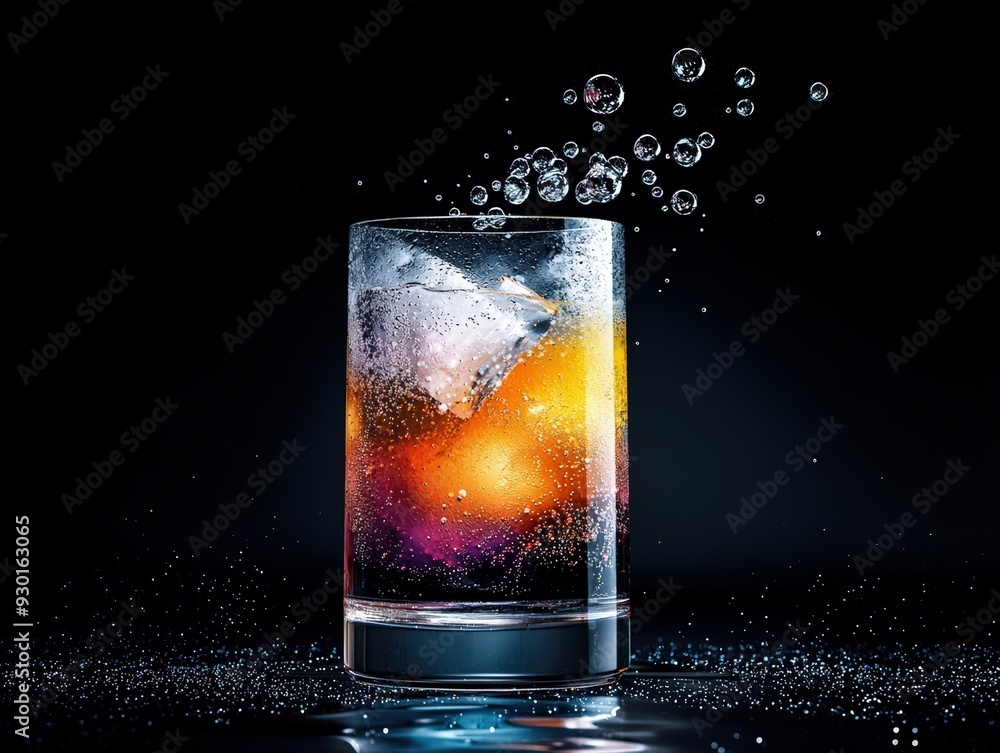 A refreshing cocktail with ice and vibrant bubbles, illuminated against a dark background, perfect for drink-related themes. A refreshing cocktail with ice and vibrant bubbles, illuminated against a dark background, perfect for drink-related themes.