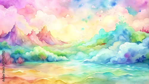 Watercolor wash with a lot of water, forming a bright, variably colored, flowy fantasy background, illustration photo