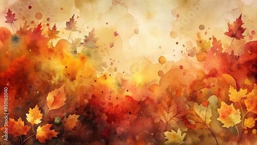 Autumnal color scheme, big sized watercolor washes, spots, splashes, making a flowy, vintage background, big empty neutrally colored copy space in the center, illustration photo