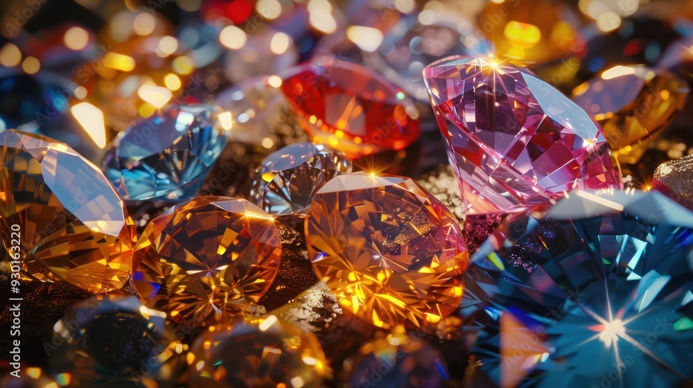 Close-up of multifaceted gemstones (close up, polished perfection, realistic, Silhouette, Gemologist's table) Close-up of multifaceted gemstones (close up, polished perfection, realistic, Silhouette, Gemologist's table)