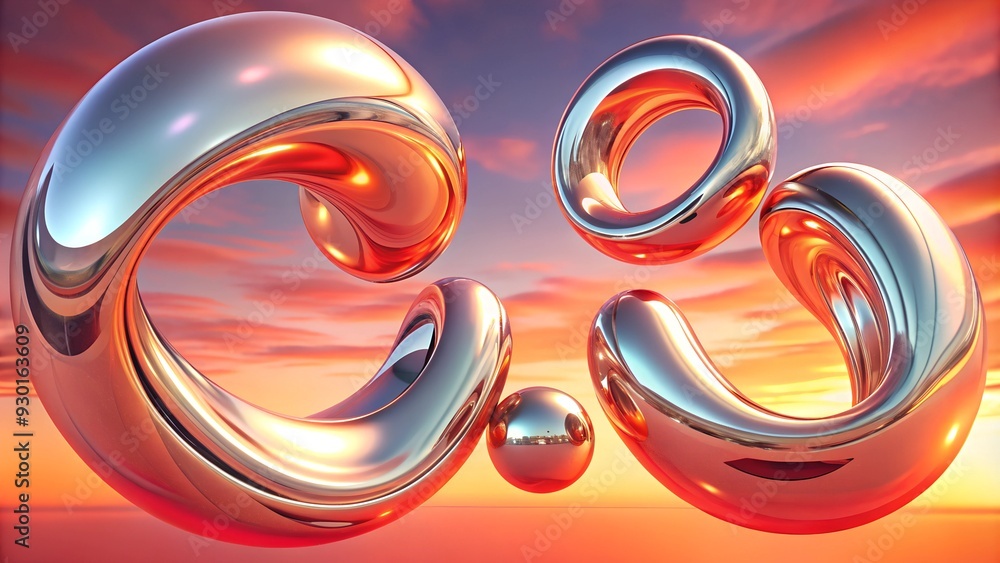 Curved chrome shapes floating in the gradient sky background Curved chrome shapes floating in the gradient sky background