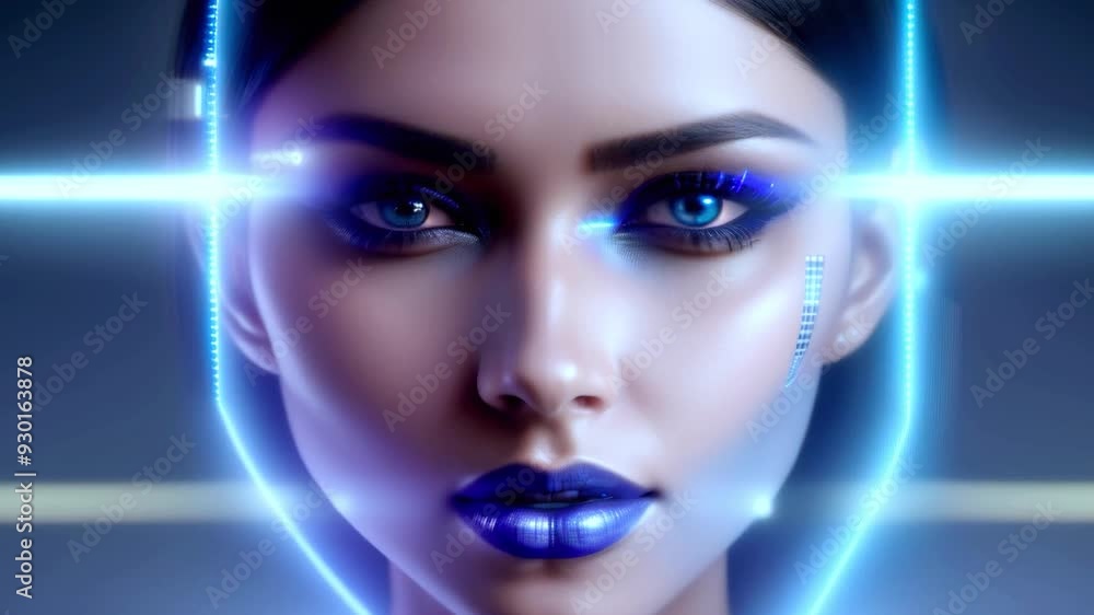 Futuristic woman with glowing blue eyes in a digital world featuring ...