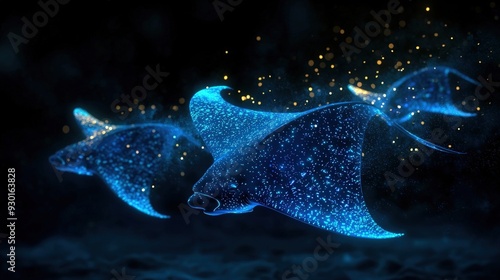 A stunning portrayal of glowing manta rays swimming through a dark ocean, illuminating the surroundings with bioluminescent beauty.