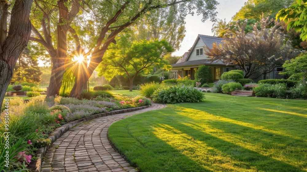 lush manicured garden with winding stone path blooming flower beds mature trees warm sunset light filtering through leaves idyllic home exterior lush manicured garden with winding stone path blooming flower beds mature trees warm sunset light filtering through leaves idyllic home exterior