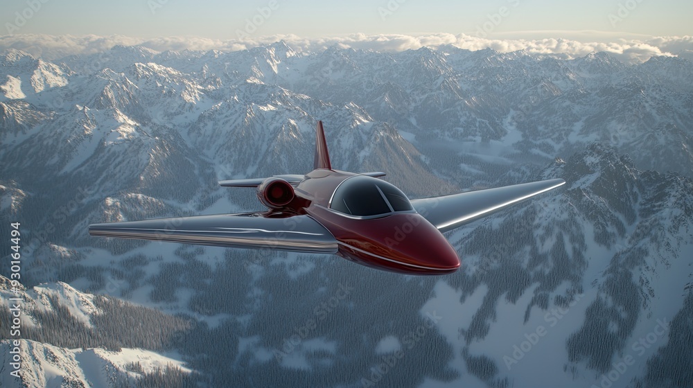 Fototapeta premium A futuristic spaceship flies gracefully above the snow-covered mountains, surrounded by towering peaks and fluffy clouds in a breathtaking wilderness