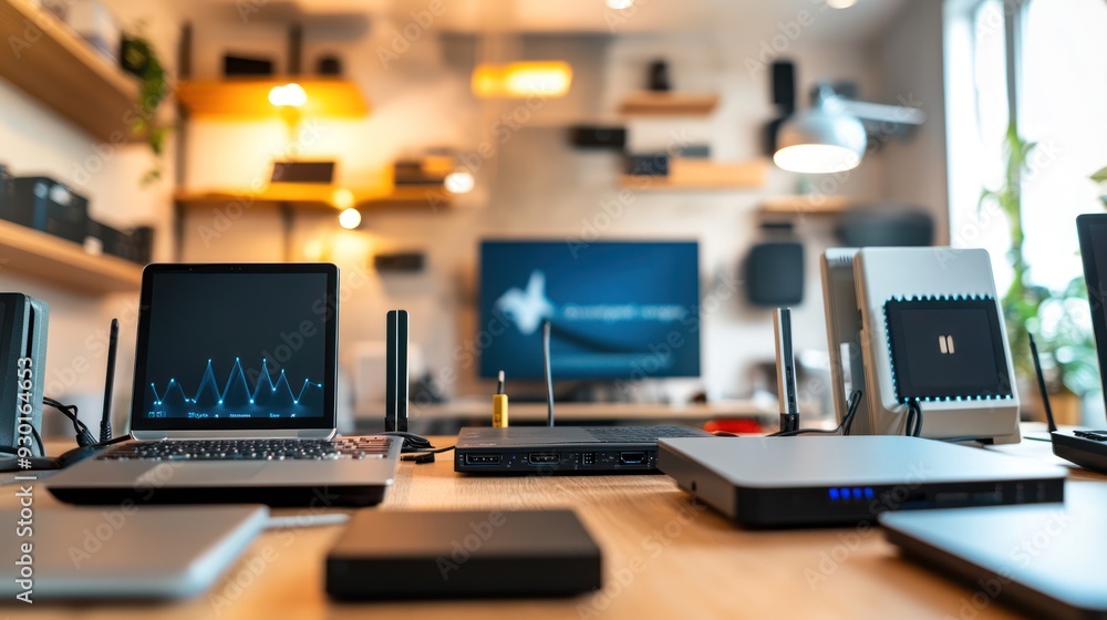 A modern office setup with laptops, monitors, routers, and various tech gadgets on a desk, depicting a tech-savvy workspace with a warm ambiance. A modern office setup with laptops, monitors, routers, and various tech gadgets on a desk, depicting a tech-savvy workspace with a warm ambiance.