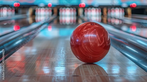 Red bowling ball positioned on bowling alley lane, highlighting the sport of bowling, leisure activities, and social gatherings


 photo