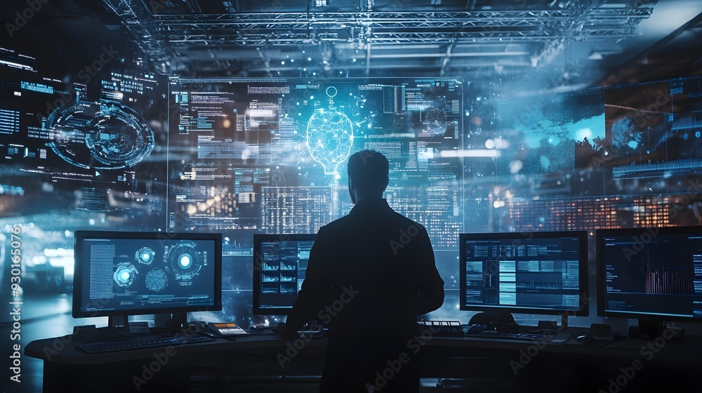 Cybersecurity professional analyzing artificial intelligence and machine learning data on multiple computer screens, emphasizing network security, firewall management, and cutting-edge technology Cybersecurity professional analyzing artificial intelligence and machine learning data on multiple computer screens, emphasizing network security, firewall management, and cutting-edge technology