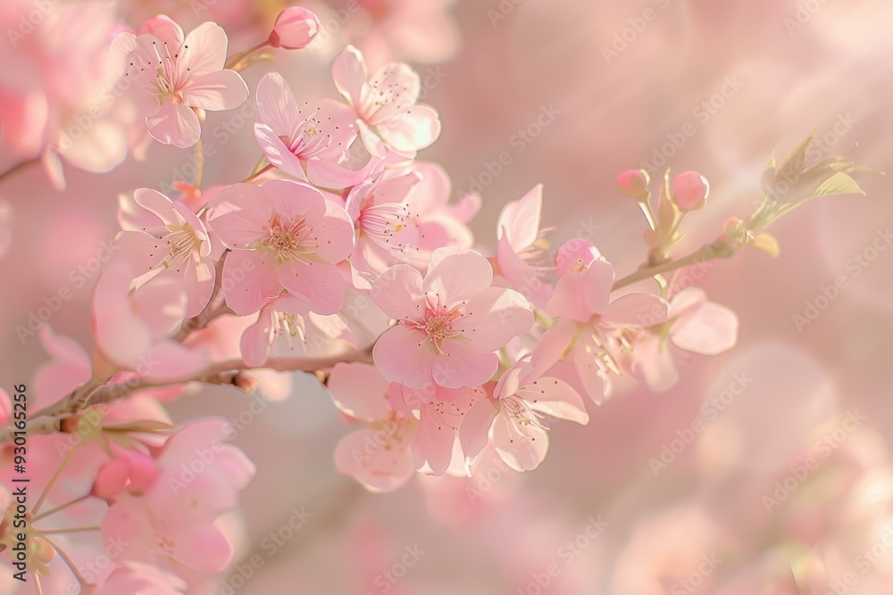 A close-up of cherry blossoms on a tree branch, with soft pink petals and a blurred background of more blossoms. A close-up of cherry blossoms on a tree branch, with soft pink petals and a blurred background of more blossoms.