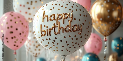 Realistic happy birthday golden lettering text poster photo