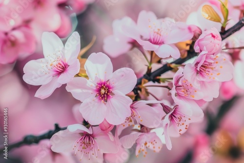 A close-up of cherry blossoms on a tree branch, with soft pink petals and a blurred background of more blossoms.