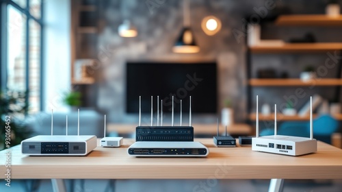 A collection of different models and sizes of wireless routers with multiple antennas on a table, with a modern living room in the background. photo