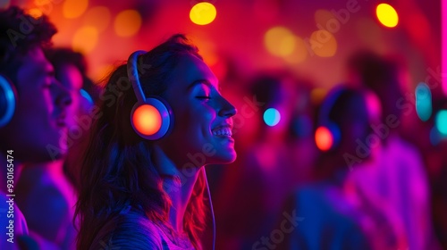 Wide shot of a silent disco area at a festival, people wearing headphones dancing in sync, colorful LED lights illuminating the dance floor, vibrant and dynamic atmosphere, detailed expressions of