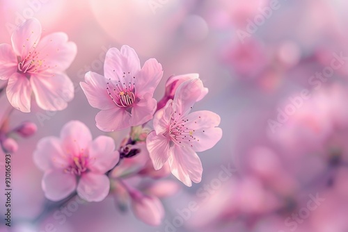 A close-up of cherry blossoms on a tree branch, with soft pink petals and a blurred background of more blossoms.