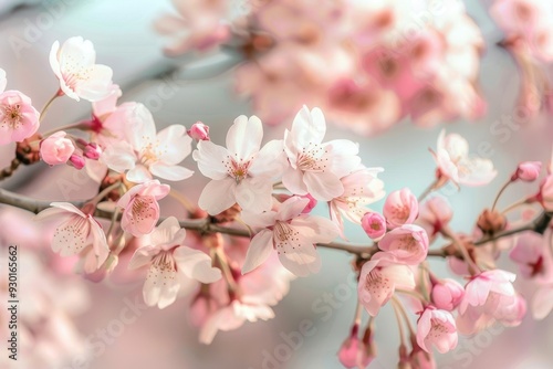 A close-up of cherry blossoms on a tree branch, with soft pink petals and a blurred background of more blossoms.