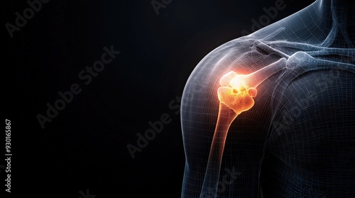 An anatomical illustration highlighting the shoulder joint with glowing areas indicating pain and inflammation.