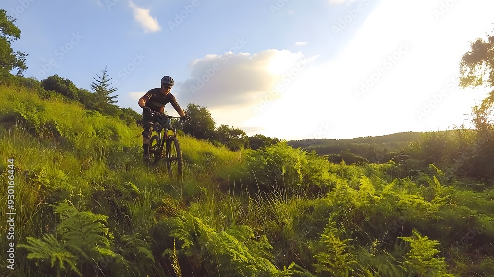 Man rides mountain bike on a trail through a grassy field. Man rides mountain bike on a trail through a grassy field.
