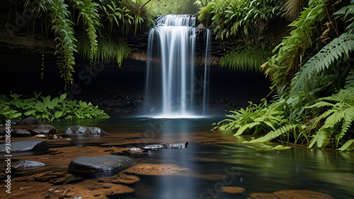 A waterfall cascading down a cliff into a hidden pool surrounded by ferns. Background
