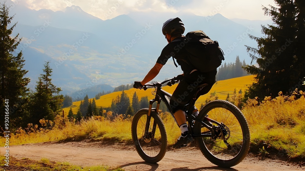 Obraz premium A man mountain biking on a dirt road with a beautiful mountain backdrop.