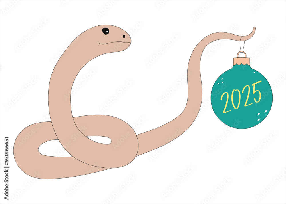 Obraz premium Christmas ball and a snake. 2025 New Year. Year of the snake. Merry Christmas and Happy New Year. Green and beige vector illustration on transparent background.