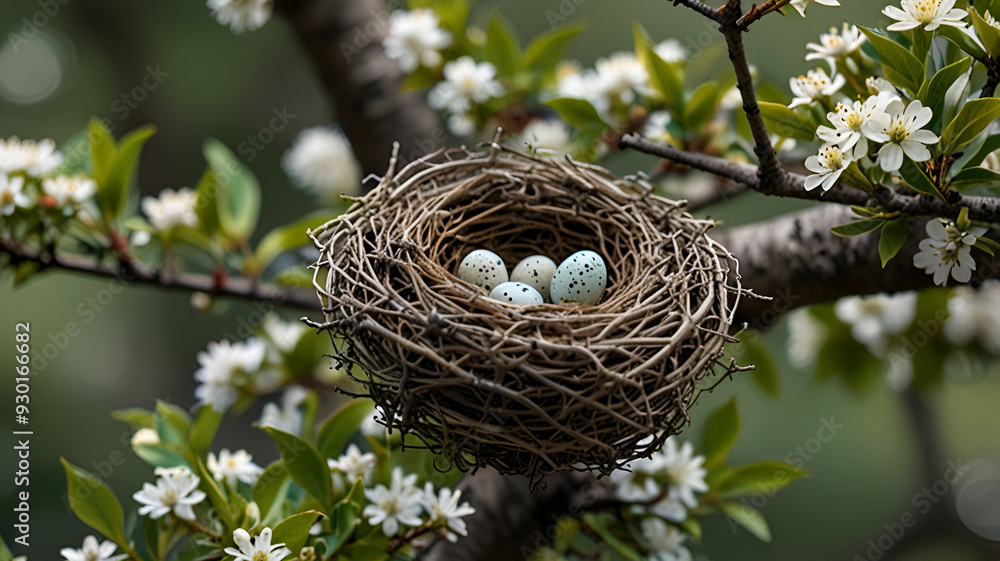 A small bird's nest tucked into the branches of a flowering tree. Background A small bird's nest tucked into the branches of a flowering tree. Background
