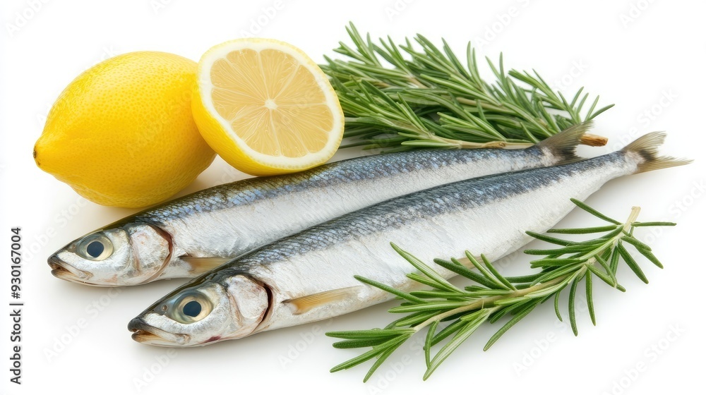 Two fresh sardines lie on a white background alongside slices of lemon and sprigs of rosemary, showcasing vibrant colors and natural elements Two fresh sardines lie on a white background alongside slices of lemon and sprigs of rosemary, showcasing vibrant colors and natural elements